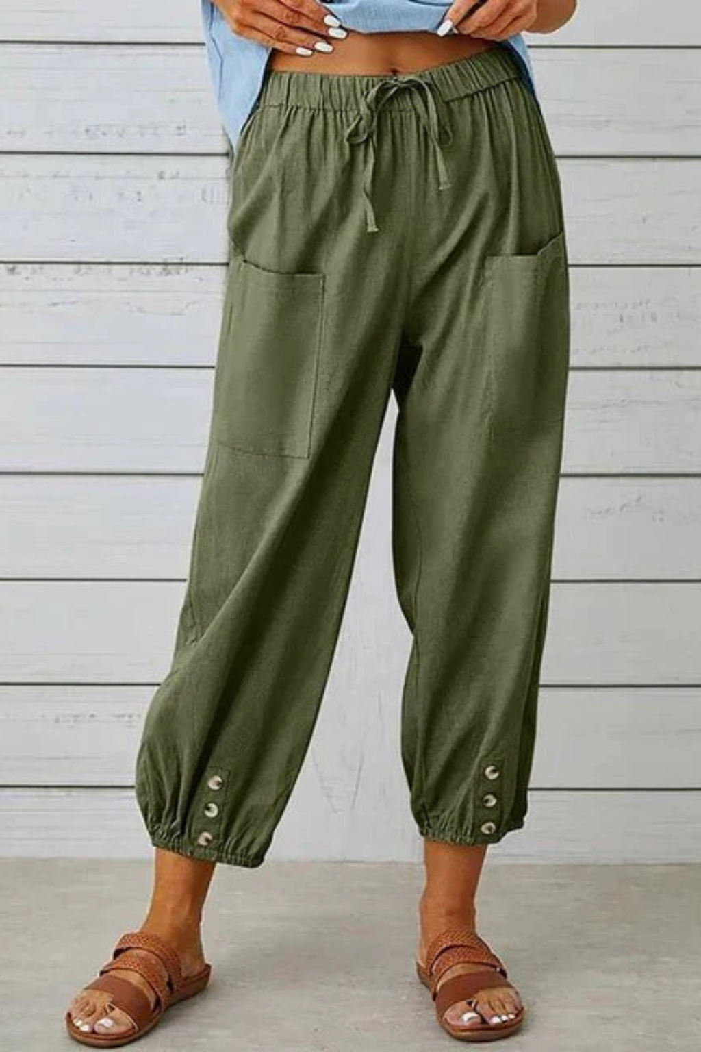 Women's Linen Cropped Pants with Drawstring Waist & Button Hem – Casual Summer Pants