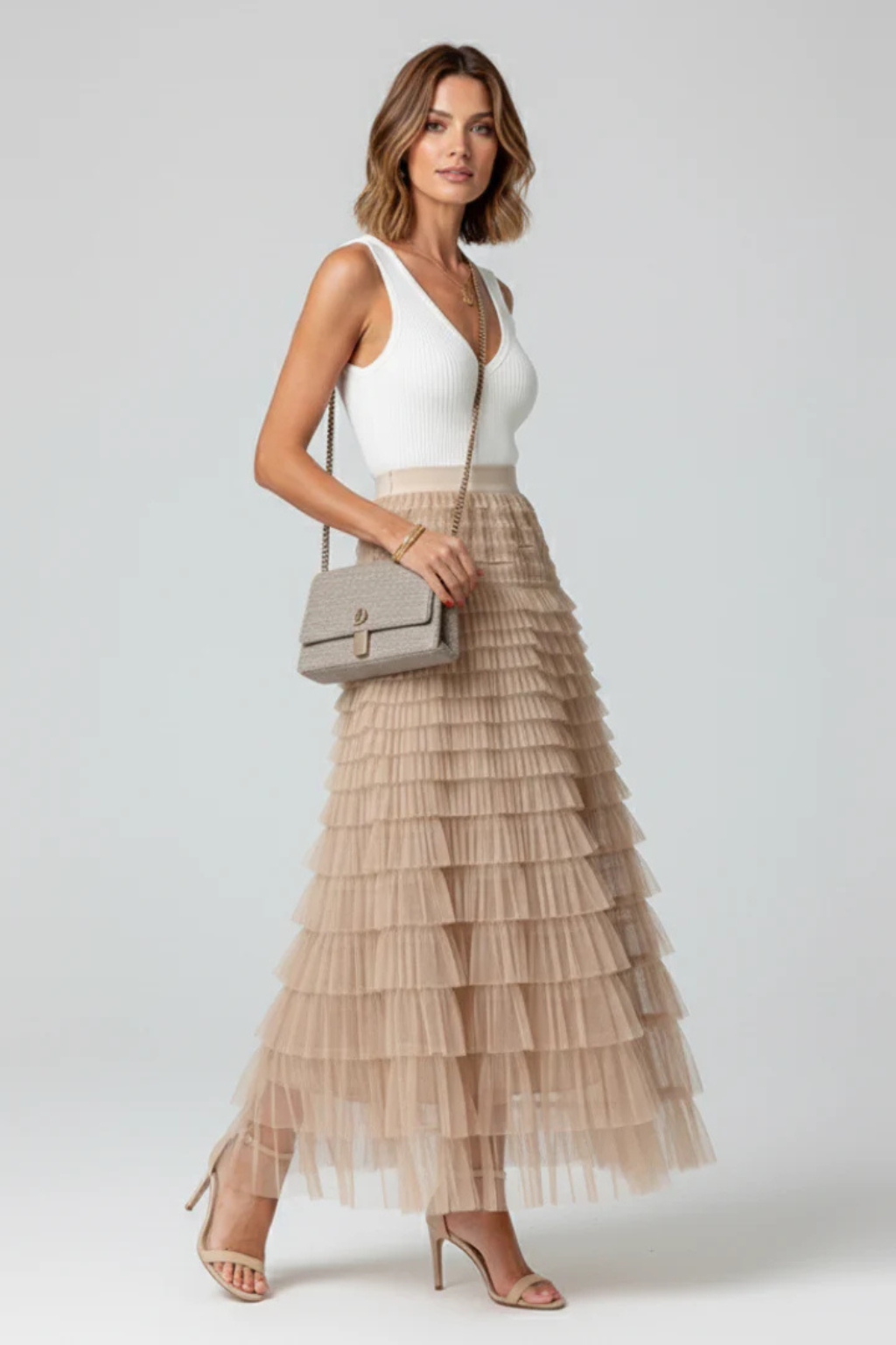 Women's Layered Tulle Tiered Midi Skirt – High Waist Flared Skirt for Events