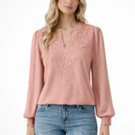 Women's Chiffon Blouse with Lace Appliqué V-Neck & Balloon Sleeves – Smart Casual Top
