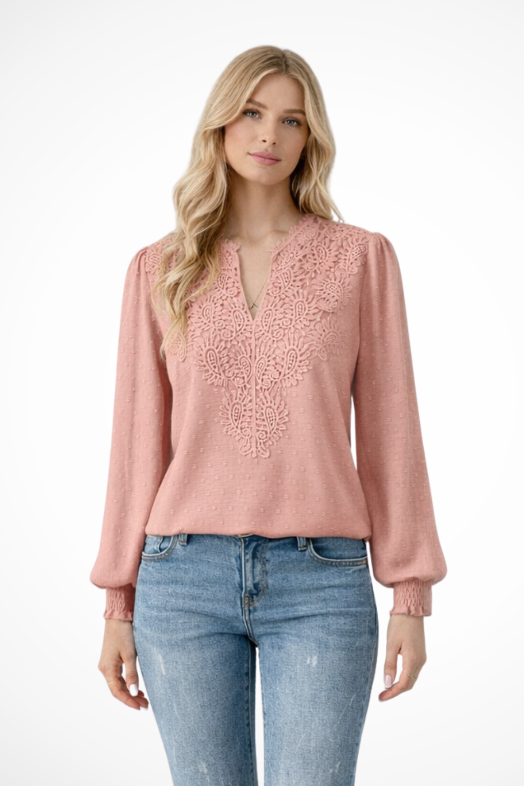 Women's Chiffon Blouse with Lace Appliqué V-Neck & Balloon Sleeves – Smart Casual Top