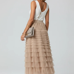 Women's Layered Tulle Tiered Midi Skirt – High Waist Flared Skirt for Events