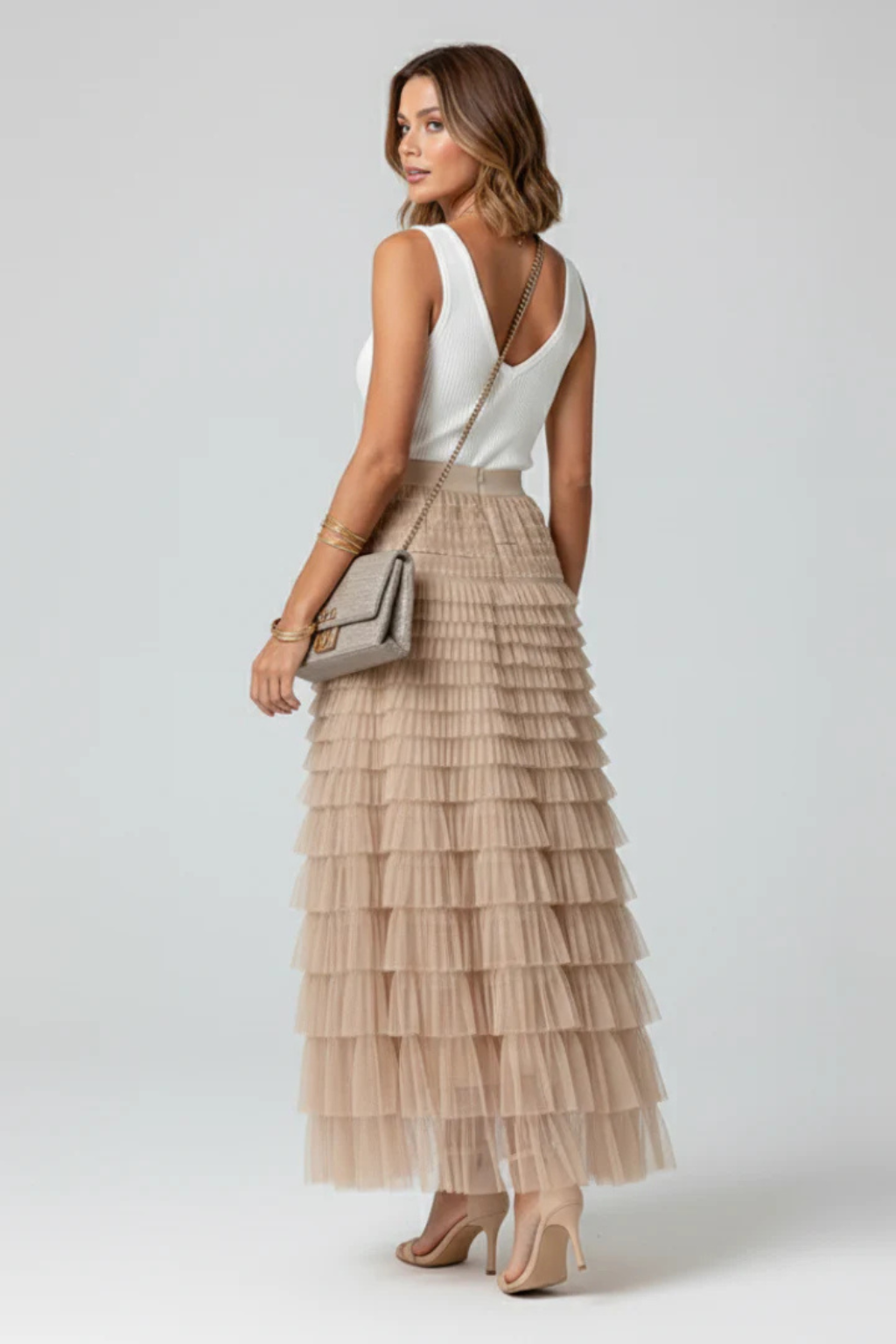 Women's Layered Tulle Tiered Midi Skirt – High Waist Flared Skirt for Events