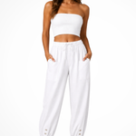 Women's Linen Cropped Pants with Drawstring Waist & Button Hem – Casual Summer Pants
