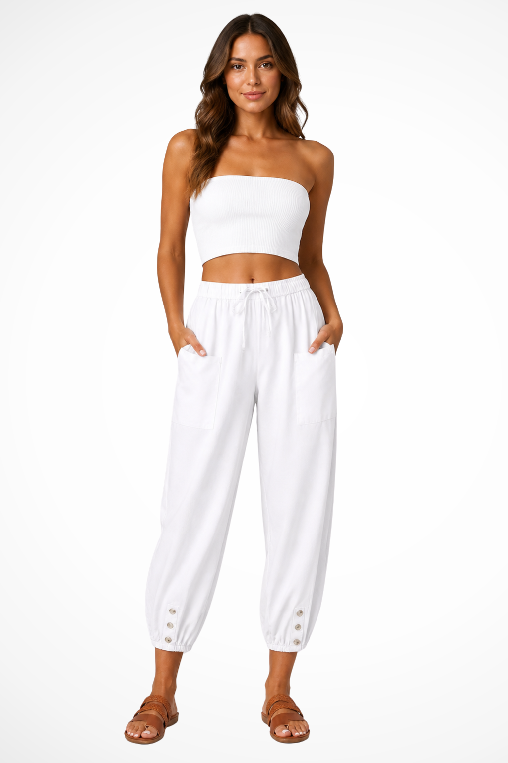 Women's Linen Cropped Pants with Drawstring Waist & Button Hem – Casual Summer Pants