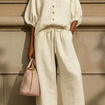 Women's Linen Co-Ord Set – Peter Pan Collar Blouse & Wide Leg Pants