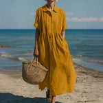 Women's Pintuck Linen Maxi Shirt Dress – Summer Beach & Holiday Dress
