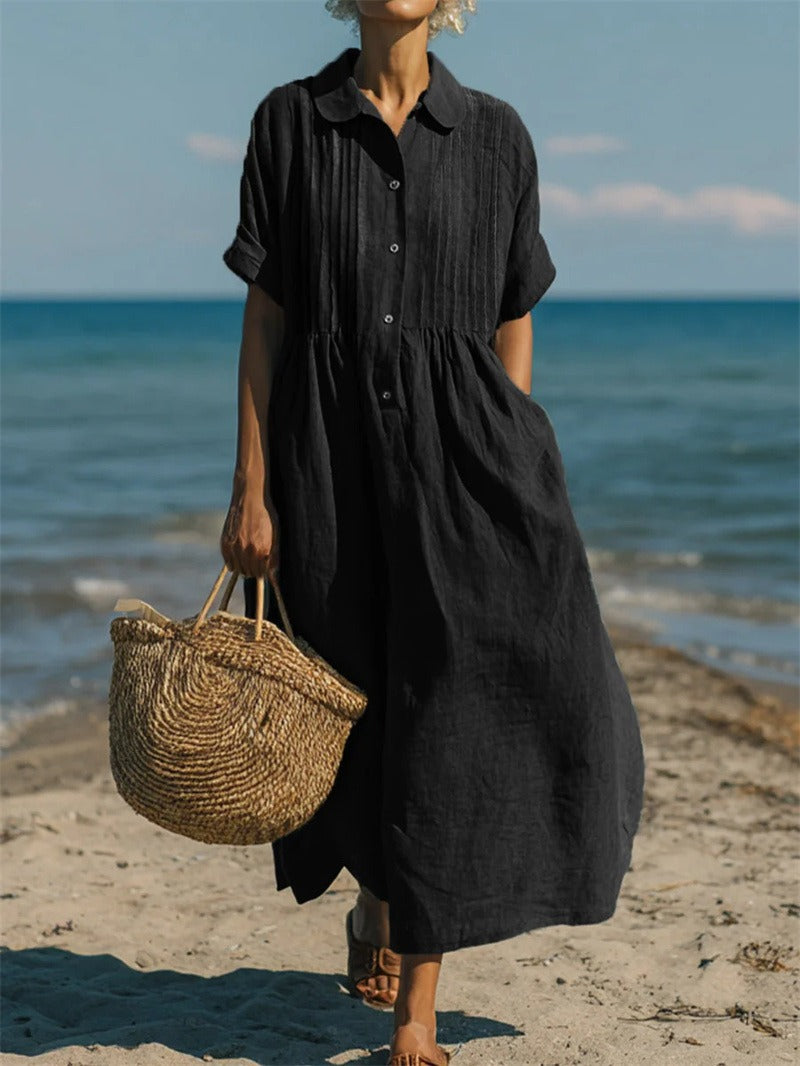 Women's Pintuck Linen Maxi Shirt Dress – Summer Beach & Holiday Dress