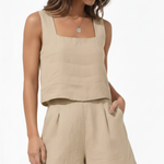 Women's Linen Blend Square Neck Top & Shorts Set – Sleeveless Two-Piece Summer Set