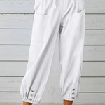 Women's Linen Cropped Pants with Drawstring Waist & Button Hem – Casual Summer Pants