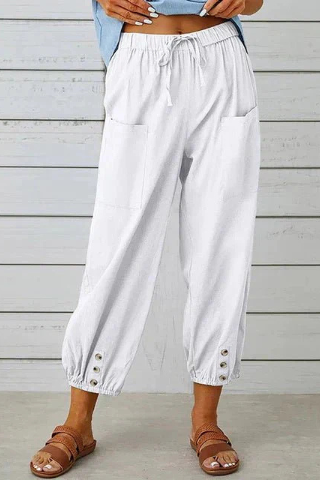 Women's Linen Cropped Pants with Drawstring Waist & Button Hem – Casual Summer Pants
