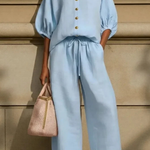 Women's Linen Co-Ord Set – Peter Pan Collar Blouse & Wide Leg Pants