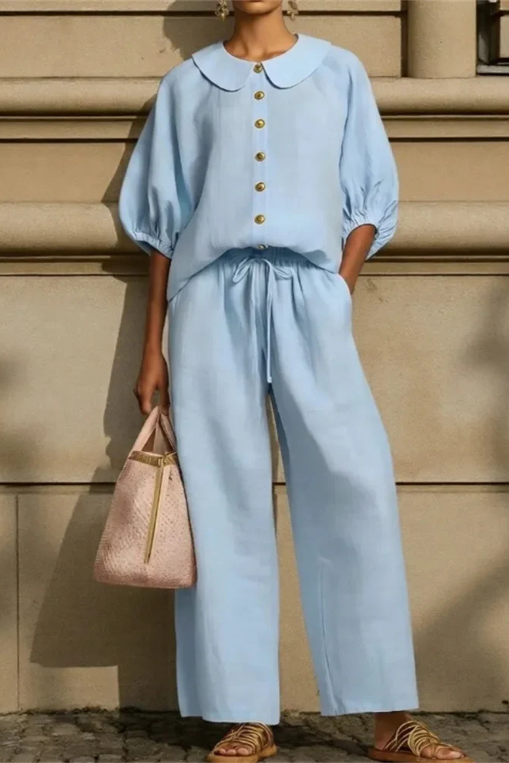 Women's Linen Co-Ord Set – Peter Pan Collar Blouse & Wide Leg Pants
