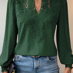 Women's Chiffon Blouse with Lace Appliqué V-Neck & Balloon Sleeves – Smart Casual Top