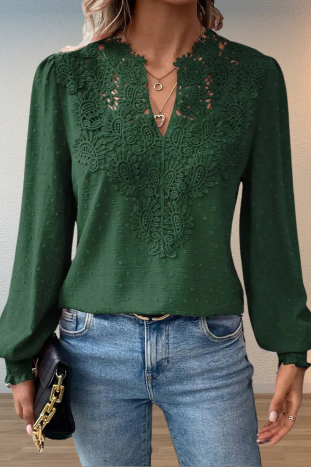 Women's Chiffon Blouse with Lace Appliqué V-Neck & Balloon Sleeves – Smart Casual Top