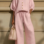 Women's Linen Co-Ord Set – Peter Pan Collar Blouse & Wide Leg Pants
