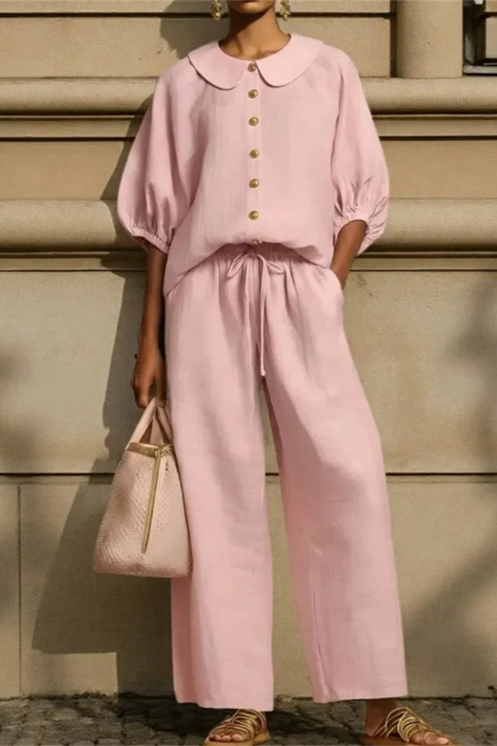Women's Linen Co-Ord Set – Peter Pan Collar Blouse & Wide Leg Pants
