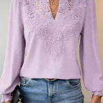 Women's Chiffon Blouse with Lace Appliqué V-Neck & Balloon Sleeves – Smart Casual Top