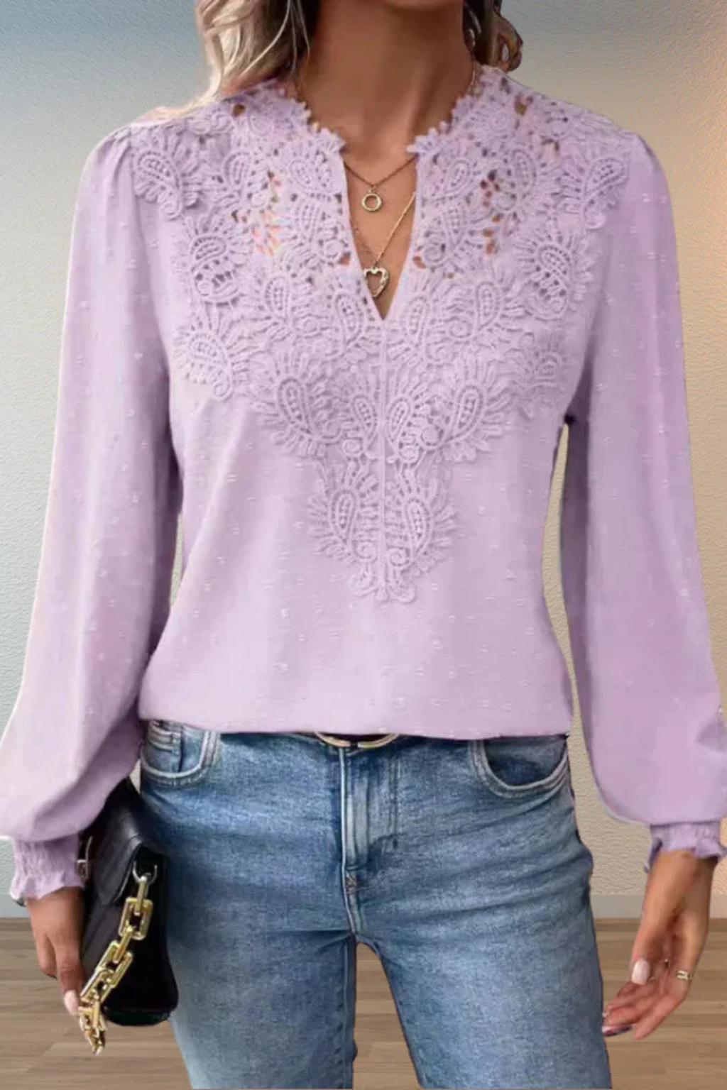 Women's Chiffon Blouse with Lace Appliqué V-Neck & Balloon Sleeves – Smart Casual Top