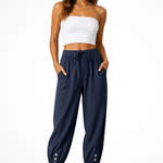 Women's Linen Cropped Pants with Drawstring Waist & Button Hem – Casual Summer Pants