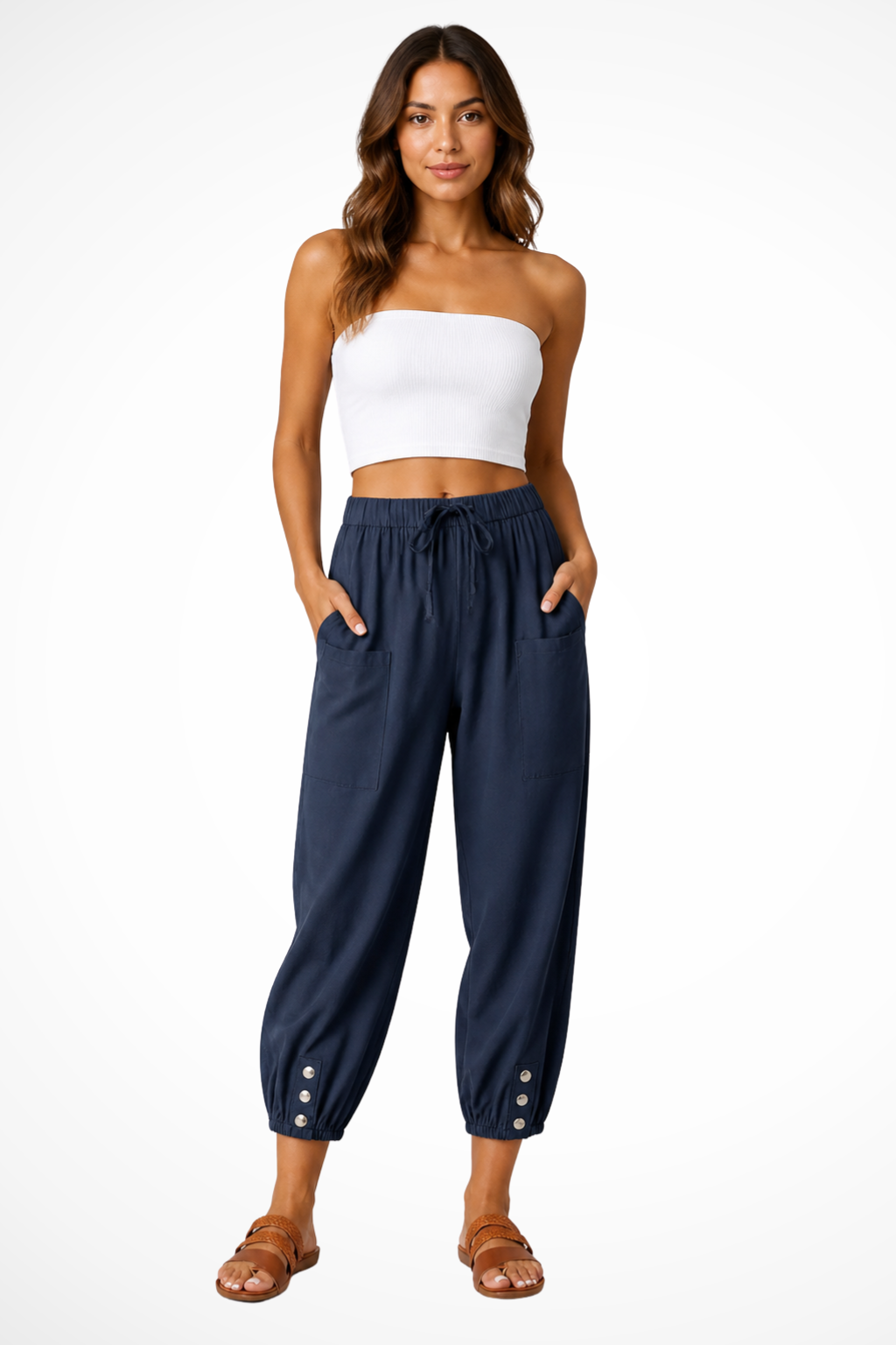 Women's Linen Cropped Pants with Drawstring Waist & Button Hem – Casual Summer Pants