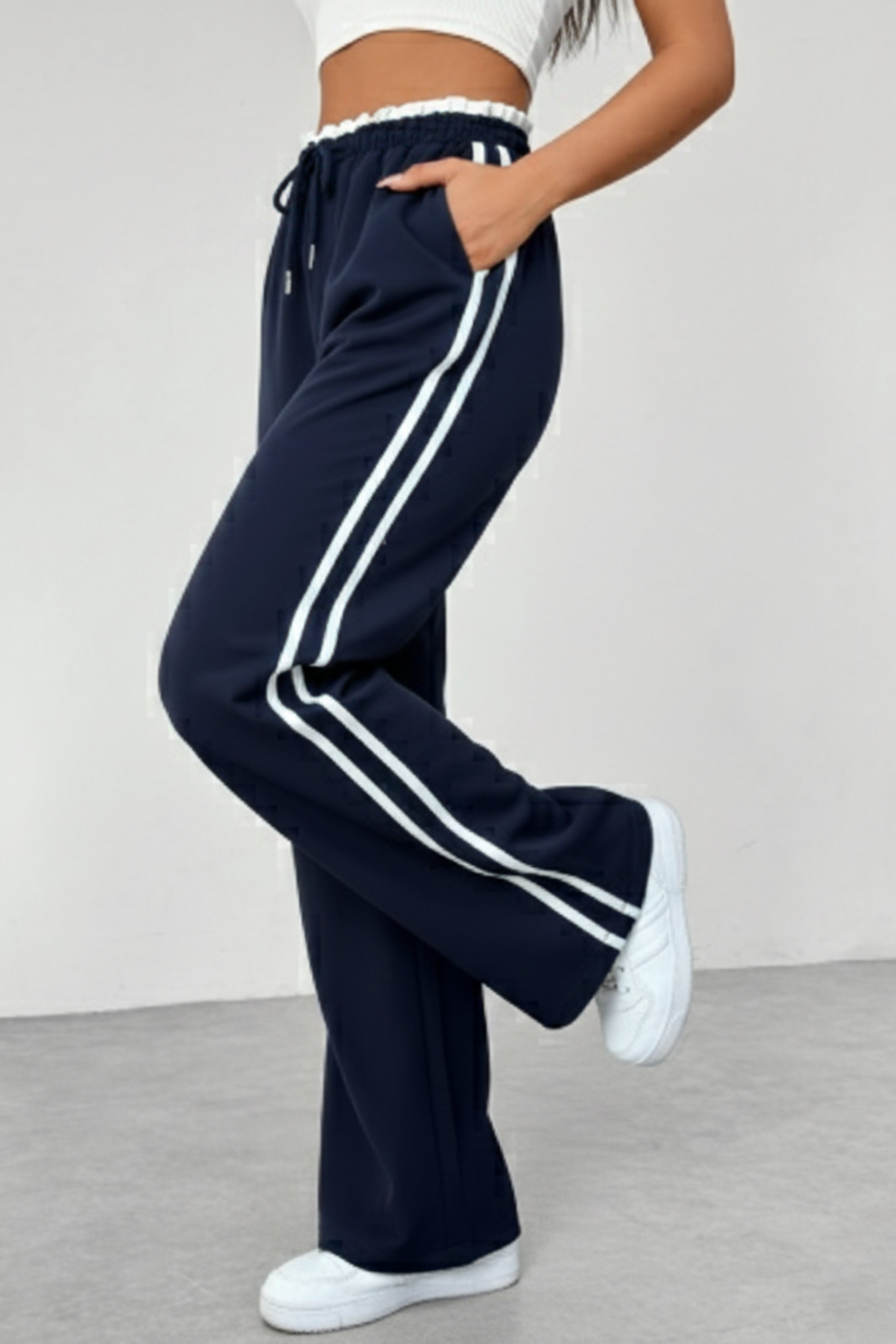 Women's Wide Leg Pants with Side Stripe & Drawstring Waist – Casual Relaxed Pants