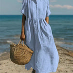 Women's Pintuck Linen Maxi Shirt Dress – Summer Beach & Holiday Dress