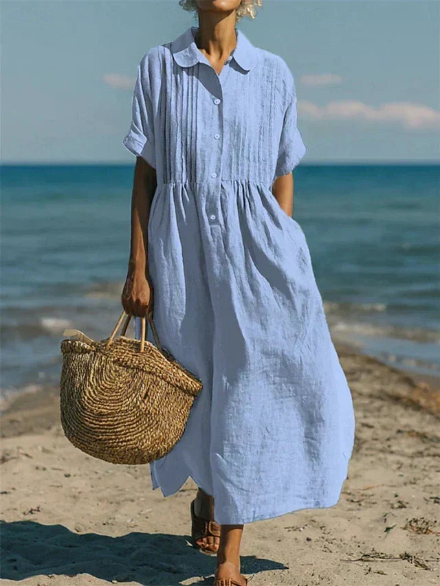 Women's Pintuck Linen Maxi Shirt Dress – Summer Beach & Holiday Dress