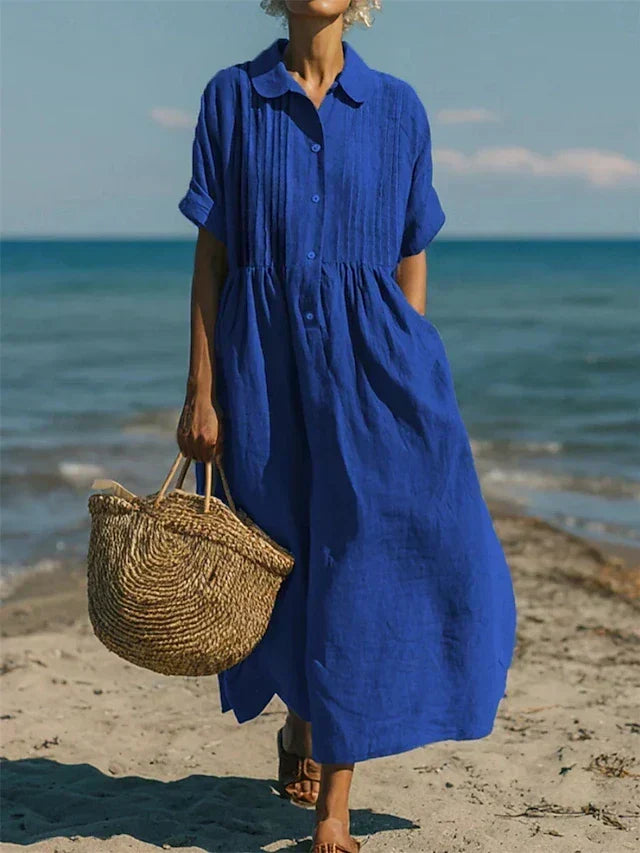 Women's Pintuck Linen Maxi Shirt Dress – Summer Beach & Holiday Dress