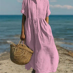 Women's Pintuck Linen Maxi Shirt Dress – Summer Beach & Holiday Dress