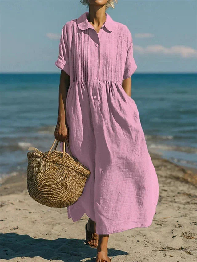 Women's Pintuck Linen Maxi Shirt Dress – Summer Beach & Holiday Dress