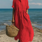 Women's Pintuck Linen Maxi Shirt Dress – Summer Beach & Holiday Dress