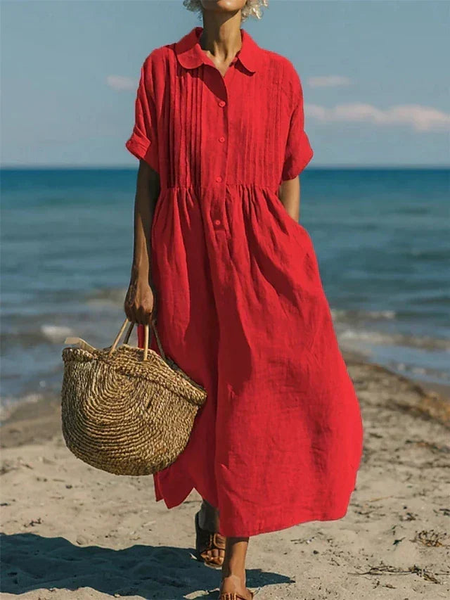 Women's Pintuck Linen Maxi Shirt Dress – Summer Beach & Holiday Dress