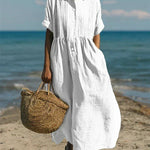 Women's Pintuck Linen Maxi Shirt Dress – Summer Beach & Holiday Dress