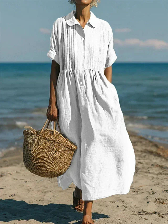 Women's Pintuck Linen Maxi Shirt Dress – Summer Beach & Holiday Dress