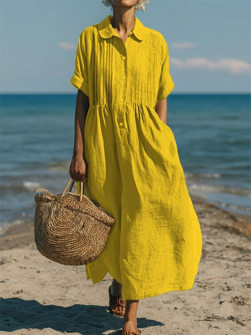 Women's Pintuck Linen Maxi Shirt Dress – Summer Beach & Holiday Dress