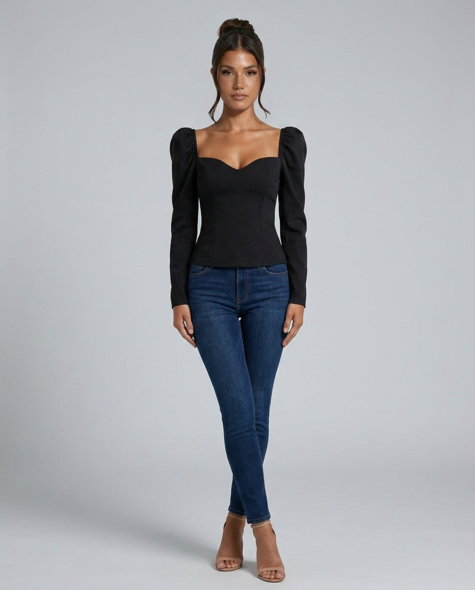 Women's Cropped V-Neck Puff Sleeve Knit Top – Slim Fit Stretch Knit Evening Top