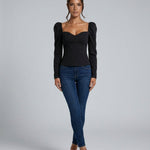 Women's Cropped V-Neck Puff Sleeve Knit Top – Slim Fit Stretch Knit Evening Top