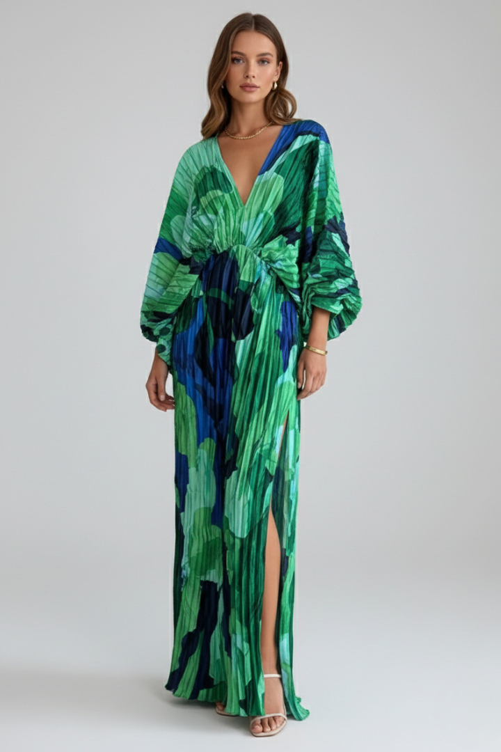 Women's Pleated V-Neck Maxi Dress – Elegant Evening & Wedding Guest Summer Dress