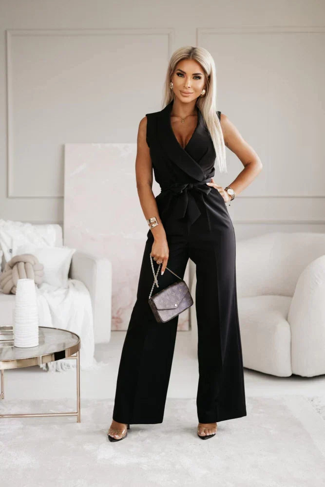 Women's Sleeveless Wrap V-Neck Wide Leg Jumpsuit with Tie Belt – Wedding Guest