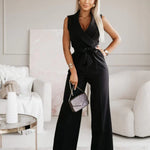 Women's Sleeveless Wrap V-Neck Wide Leg Jumpsuit with Tie Belt – Wedding Guest