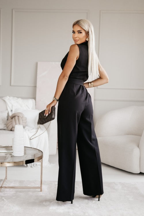 Women's Sleeveless Wrap V-Neck Wide Leg Jumpsuit with Tie Belt – Wedding Guest