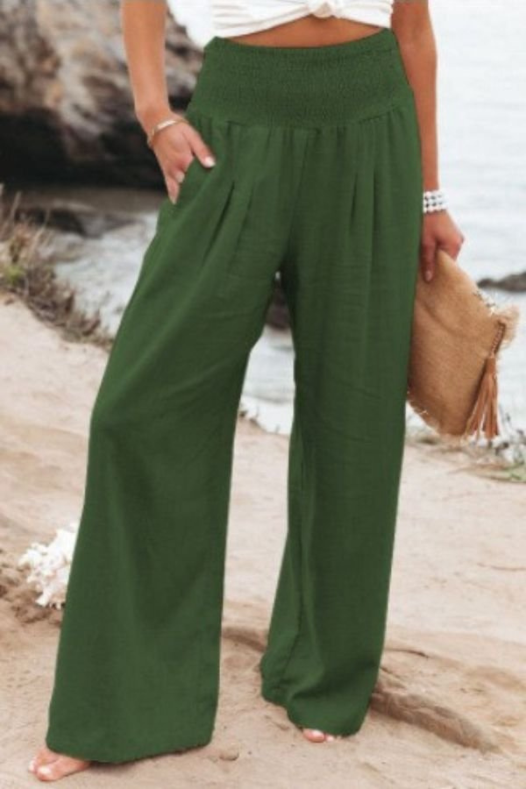 Women's Linen Wide Leg Pants with Shirred Elasticated Waist – Casual Summer Pants