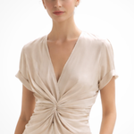 Women's V-Neck Twist Front Blouse with Rolled Short Sleeves – Elegant Work & Casual Top