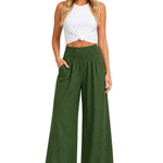 Women's Linen Wide Leg Pants with Shirred Elasticated Waist – Casual Summer Pants
