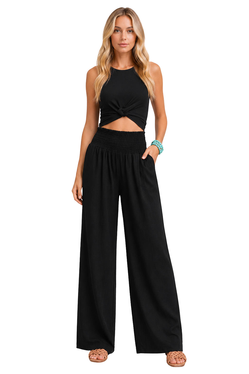 Women's Linen Wide Leg Pants with Shirred Elasticated Waist – Casual Summer Pants