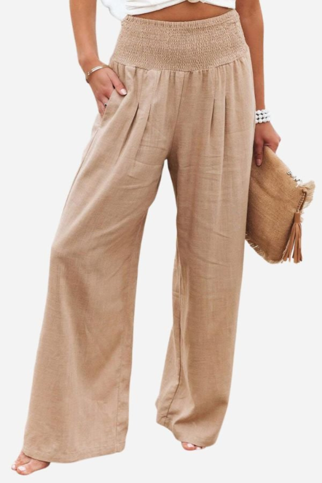 Women's Linen Wide Leg Pants with Shirred Elasticated Waist – Casual Summer Pants