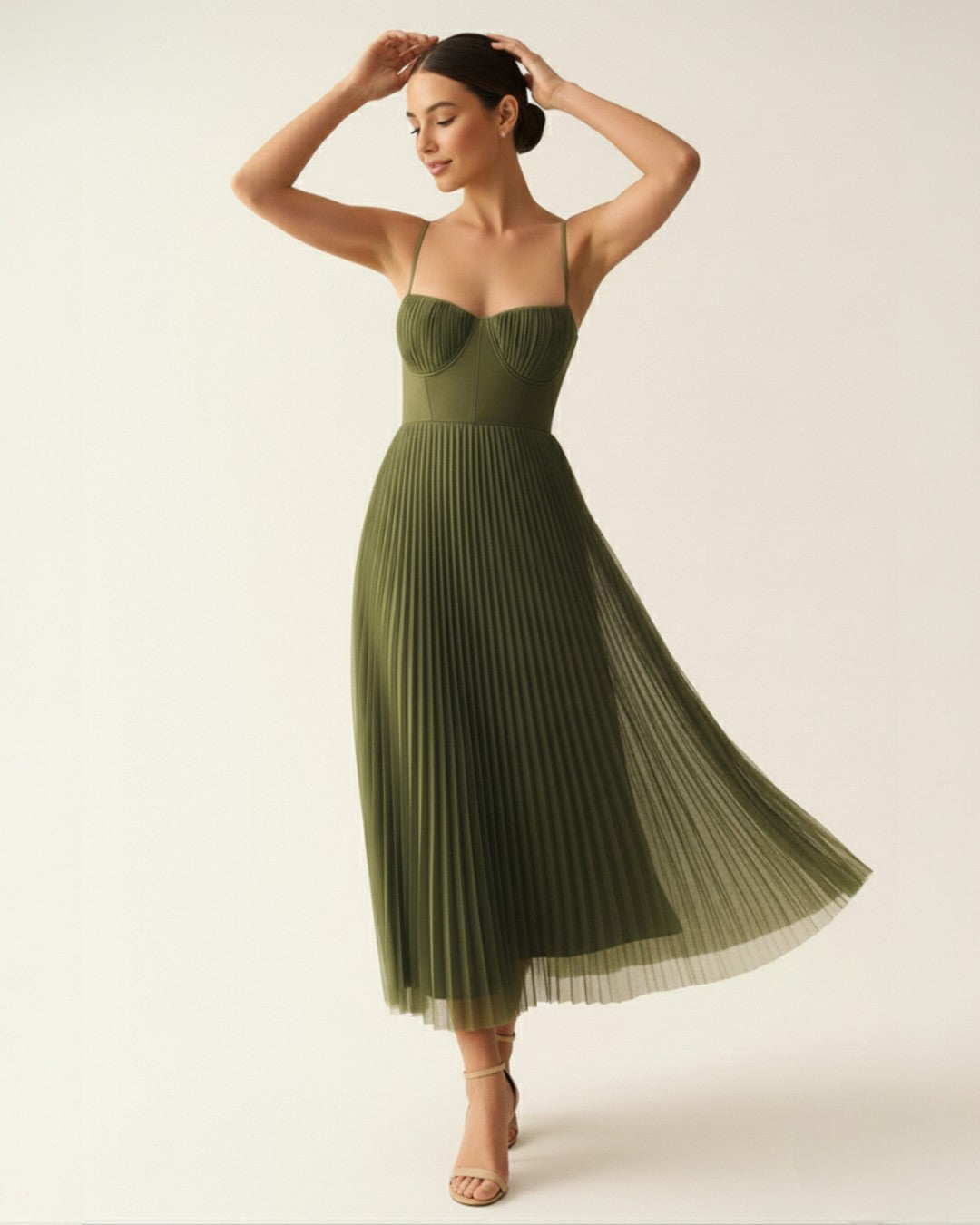 Women's Pleated Corset Midi Dress with Spaghetti Straps – Wedding Guest & Garden Party