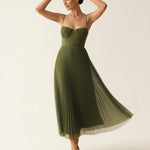 Women's Pleated Corset Midi Dress with Spaghetti Straps – Wedding Guest & Garden Party