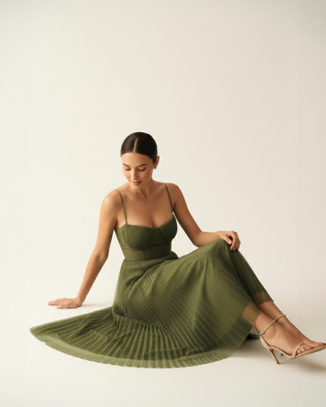 Women's Pleated Corset Midi Dress with Spaghetti Straps – Wedding Guest & Garden Party