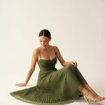 Women's Pleated Corset Midi Dress with Spaghetti Straps – Wedding Guest & Garden Party